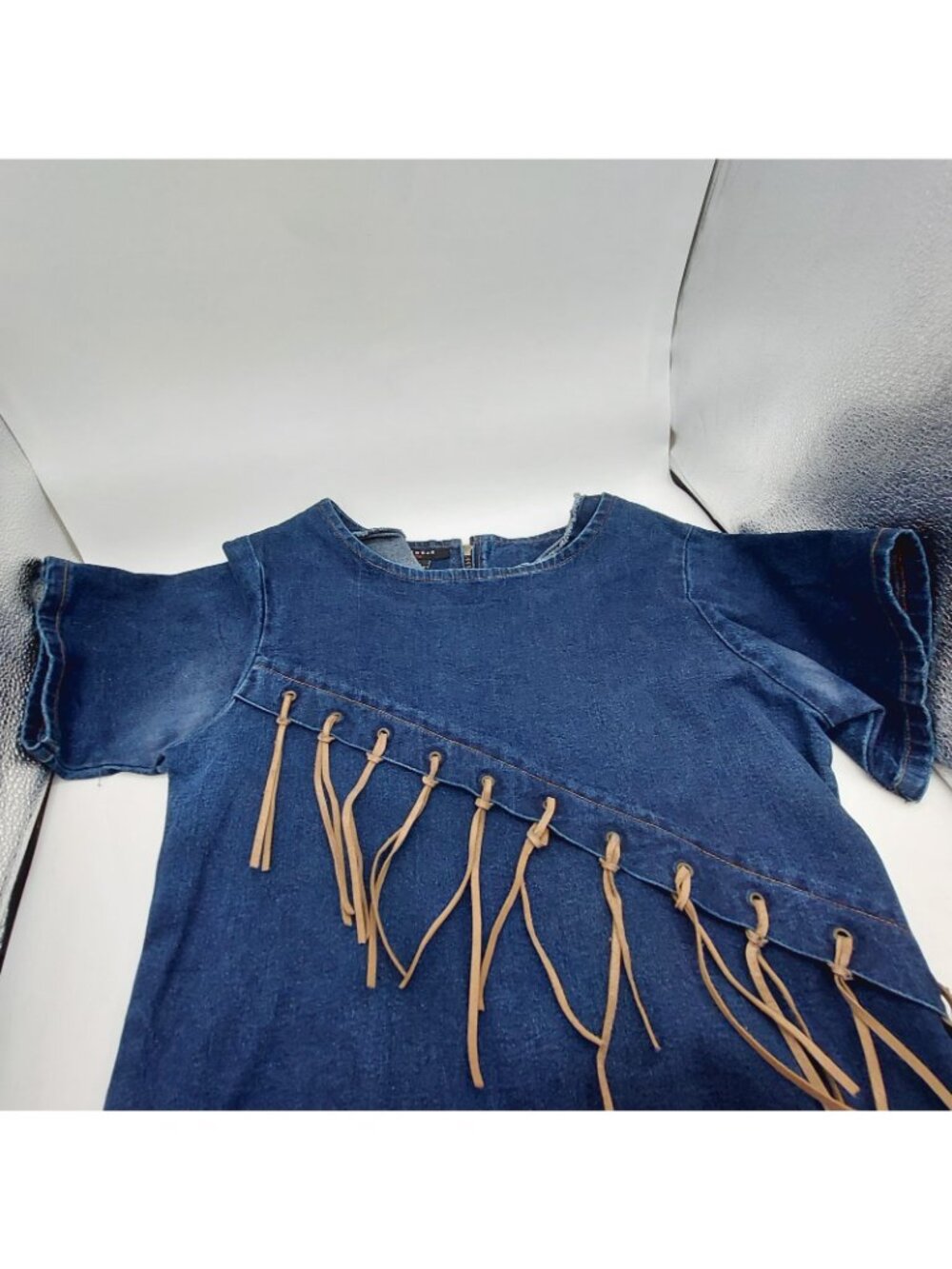 Starwear Jeans Denim Dress Size Medium Fringe Leather Accents Vintage READ - Picture 8 of 8